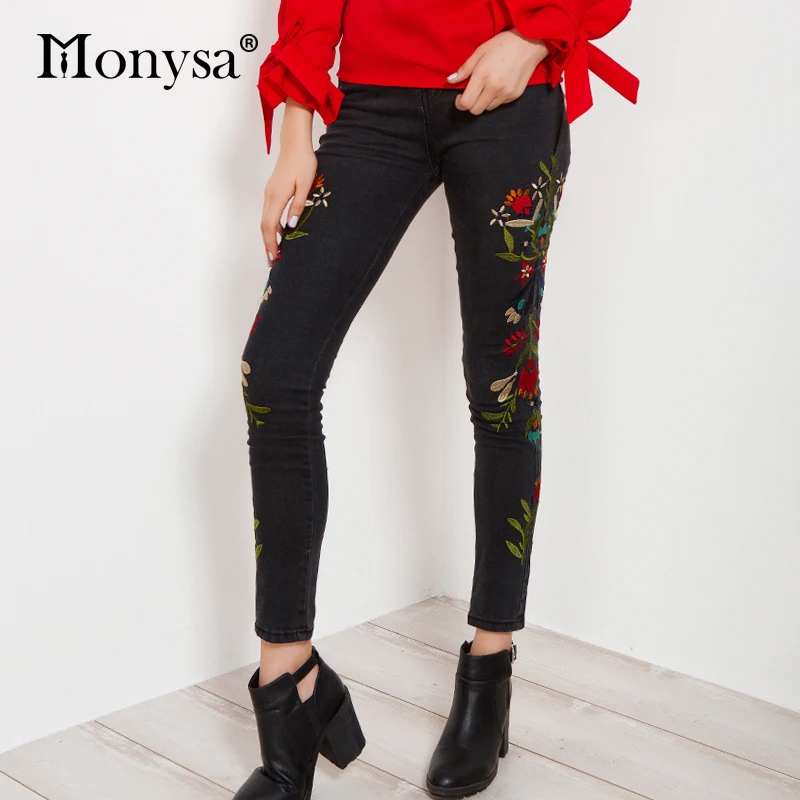 

Skinny Jeans Woman 2018 Autumn Winter New Arrivals Floral Embroidery Long Denim Pants Female Fashion Pencil Pants Streetwear
