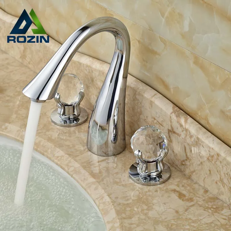 

Chrome Finish Deck Mounted Basin Vessel Mixer Taps Swan Shape Three Hole Dual Crystal Handle Faucet
