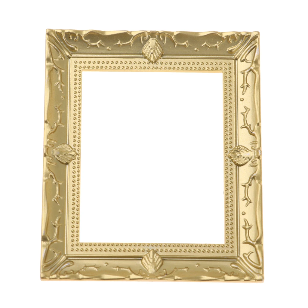 Vintage Empty Golden Picture Painting Frame Rectangular Photo Frames with Sculpture Design For 1/12 Dollhouse Wall Decorations