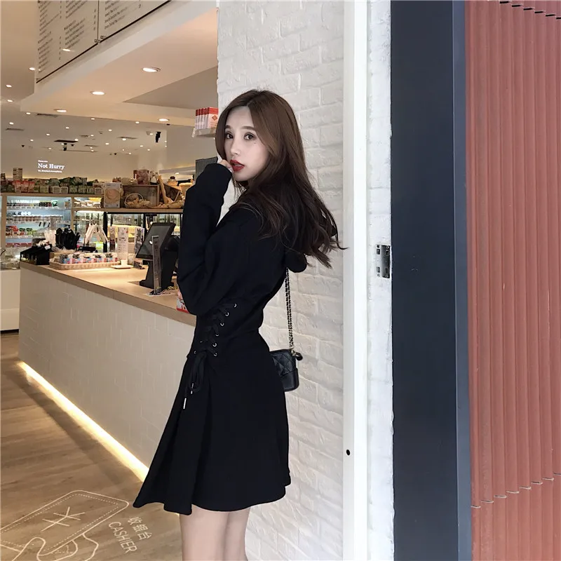 

Tracksuit Lace Up Adjustable Tie Bow Waist Slim Dress Women Fitness Sweatshirt Sport Dress Female Elegant Women's Tops 2019