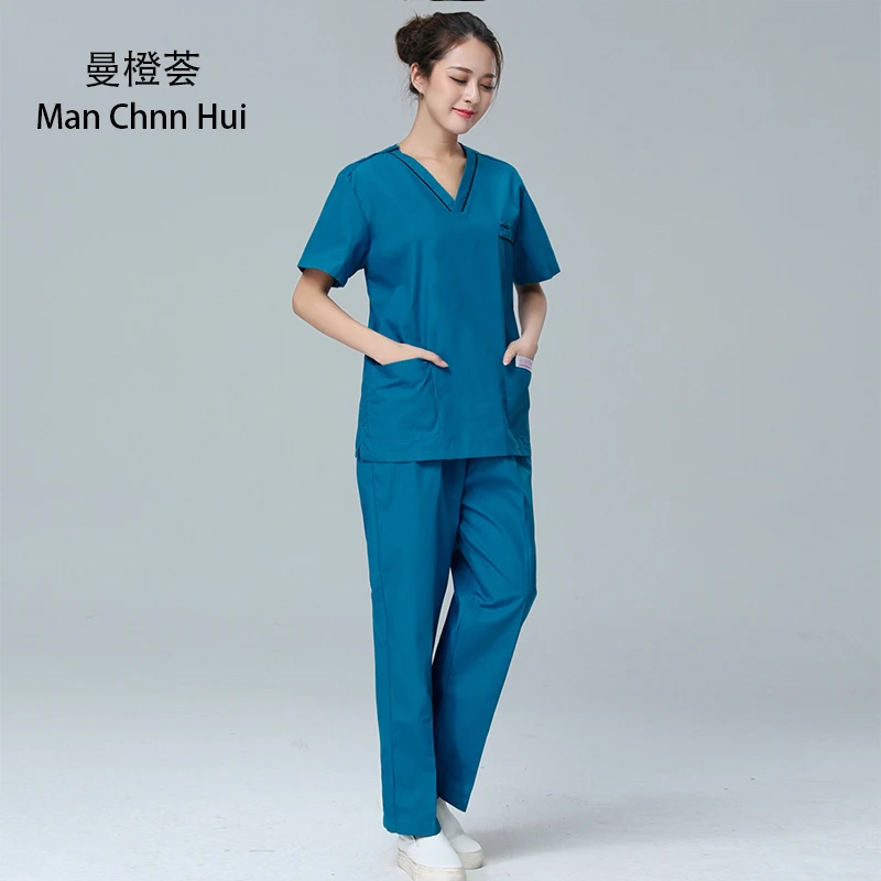 

Hospital Female doctor scrubbing suit Medical Scrub Clothing Summer surgery Clothing set, Pet Doctor Dental Nurse Uniform blue