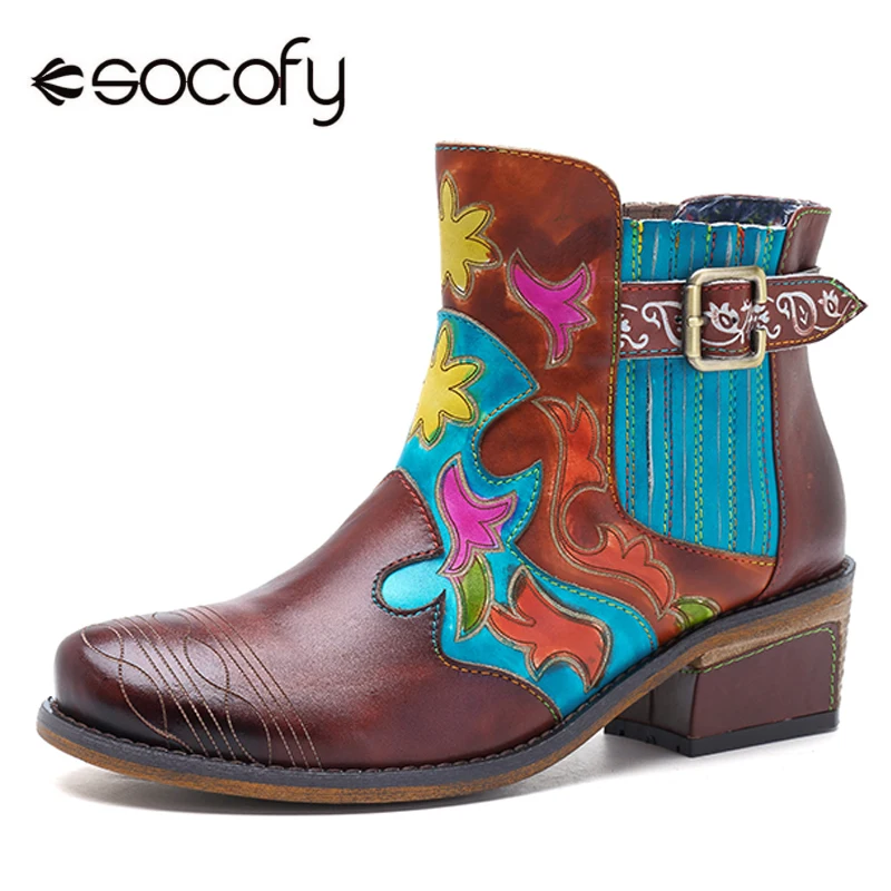 

Socofy Retro Women Boots Genuine Leather Shoes Woman Bohemian Vintage Slip-on Spring Autumn Ankle Boots Casual Winter Shoes New