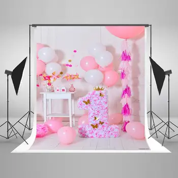 

Photography Backdrop 5x7ft Pink Flower One Birthday Background Kids White Wood Floor with Balloons Infant Baby Shower Backdrop