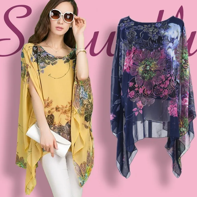 

Fashion summer women's Batwing Sleeve Chiffon Loose Casual Tops Blouse short sleeve slim cape printed irregular shirt