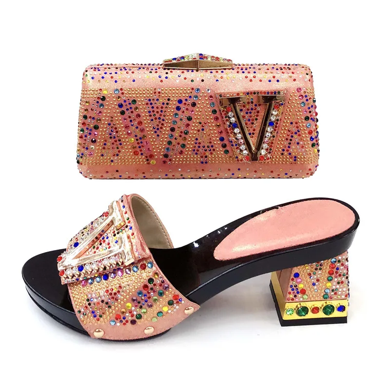 

Peach nice fashion shoes and bag set in italy new design slippers lady shoes and clutches bag matching set shoe and bag SB8356-2