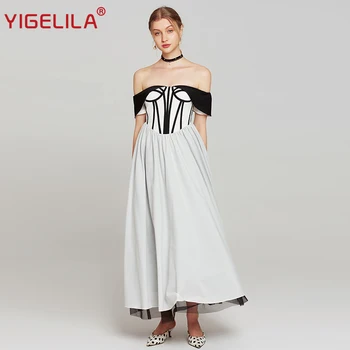 

YIGELILA Women Off Shoulder Party Dress Summer Fashion Slash Neck Patchwork Empire Slim Floor Length Backless Long Dress 63943