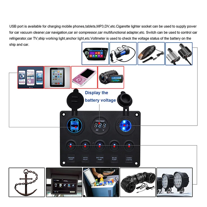Новейший двойной USB разъем зарядное светодиодный вольтметр 12 В мощность Outlet 5 Gang ВКЛ-ВЫКЛ тумблер панель для автомобиля лодка морской RV грузовик