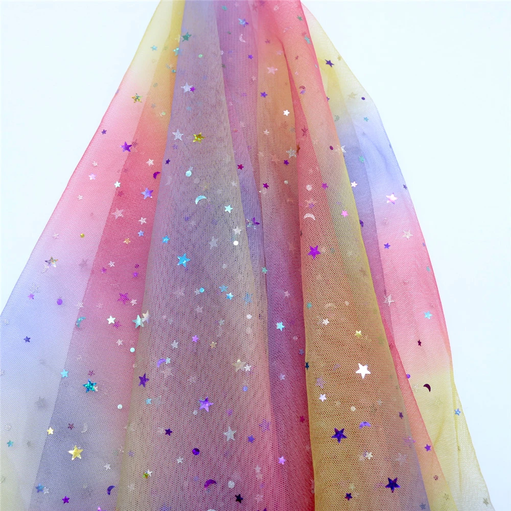 5m/lot 1.5m Width Rainbow Moon&star&love Heart Mesh Fabric Gauze Tulle Tissue Kids Tutu Dress Fabric DIY Sewing Accessories