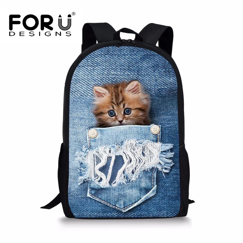 cheap FORUDESIGNS School Bags for Teenager Girls Boys,Denim Cat Printing Children School Bag,Kids 16 Inch Schoolbag Backpack Bookbag