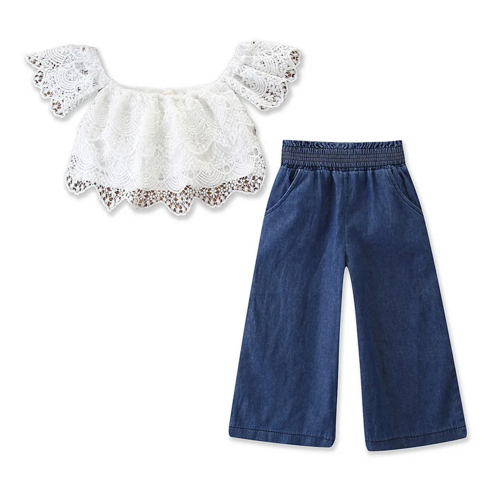 

Short Sleeve Solid T-shirt Lace Tee Top+Casual Long Pants Denim Jeans Set Summer Baby Girls Clothing Set D20