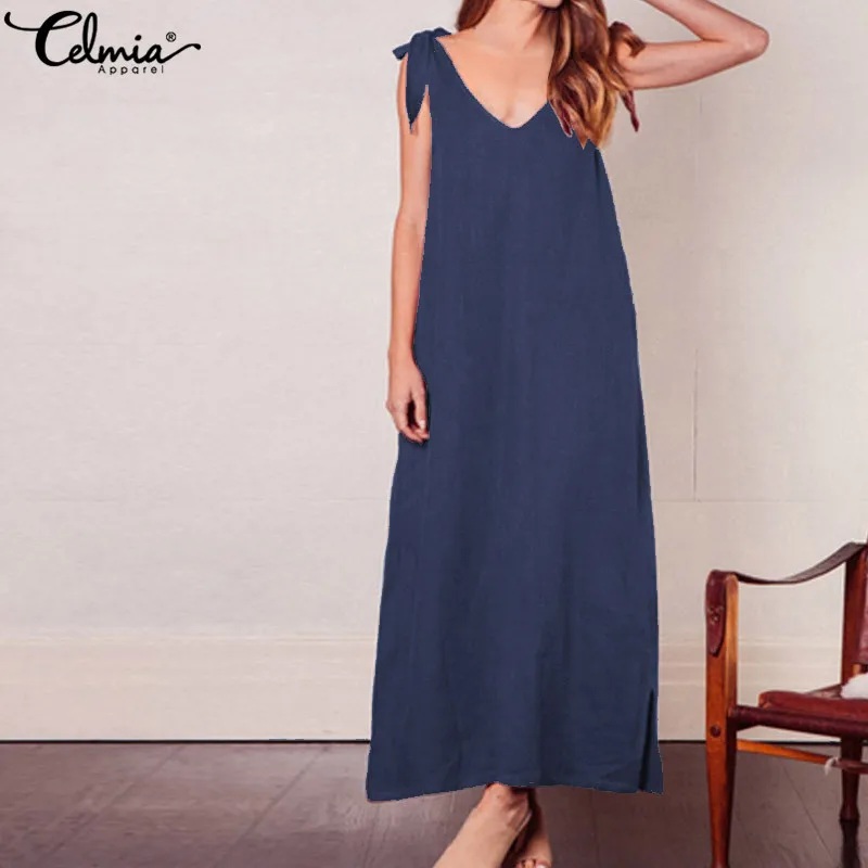 

Summer Women Long Maxi Dress 2019 Celmia Sexy Straps Sleeveless Beach Dress Split Casual Solid Party Shirt Vestidos Robe S-5XL