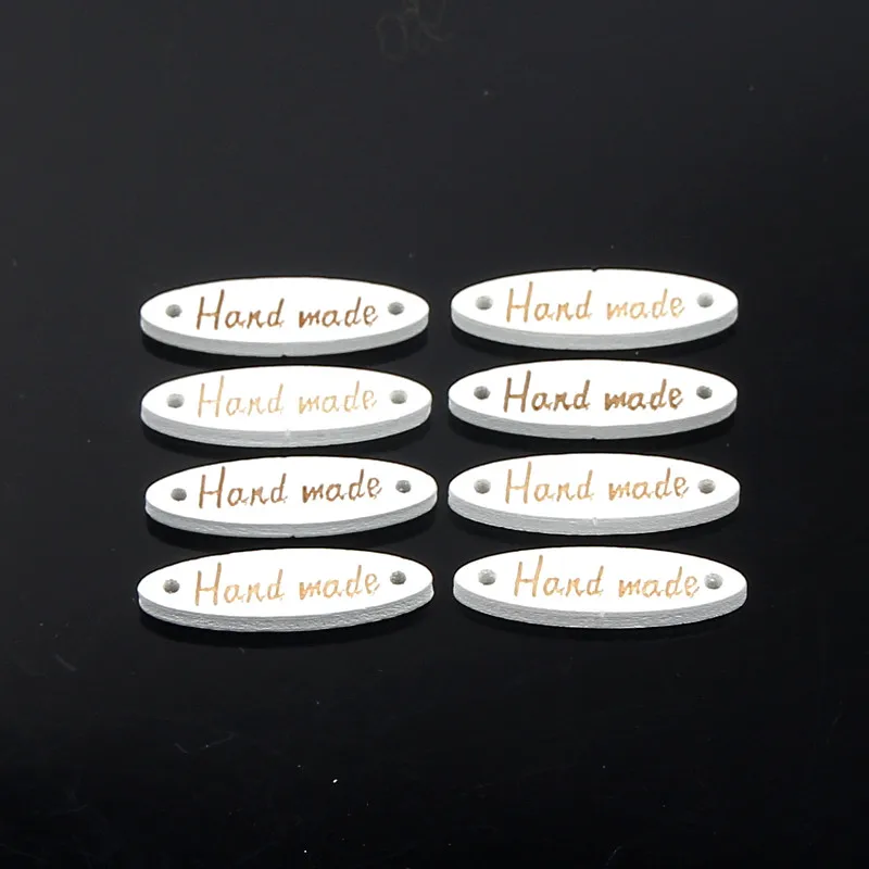 

White "Hand made" 100Pcs Wooden Spacer Beading Beads Oval 2 Holes for DIY Crafts Connectors Sewing Decoration Beaded