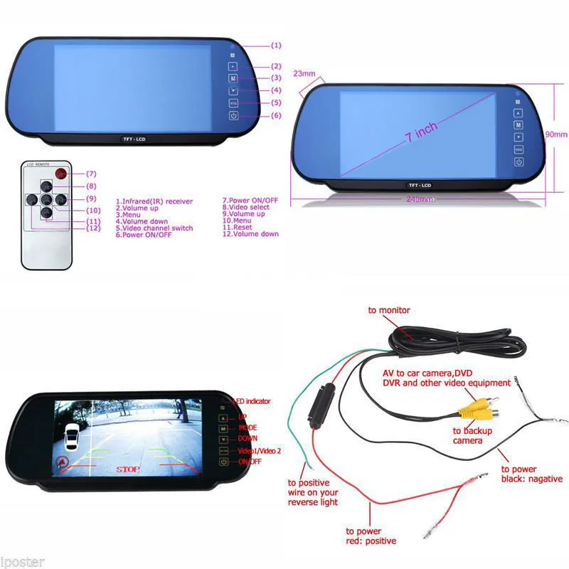 

7" LCD Screen Car Rear View Backup Mirror Monitor+Wireless Reverse IR Camera Kit dash camera 4k dvr car recorder dashcam dual