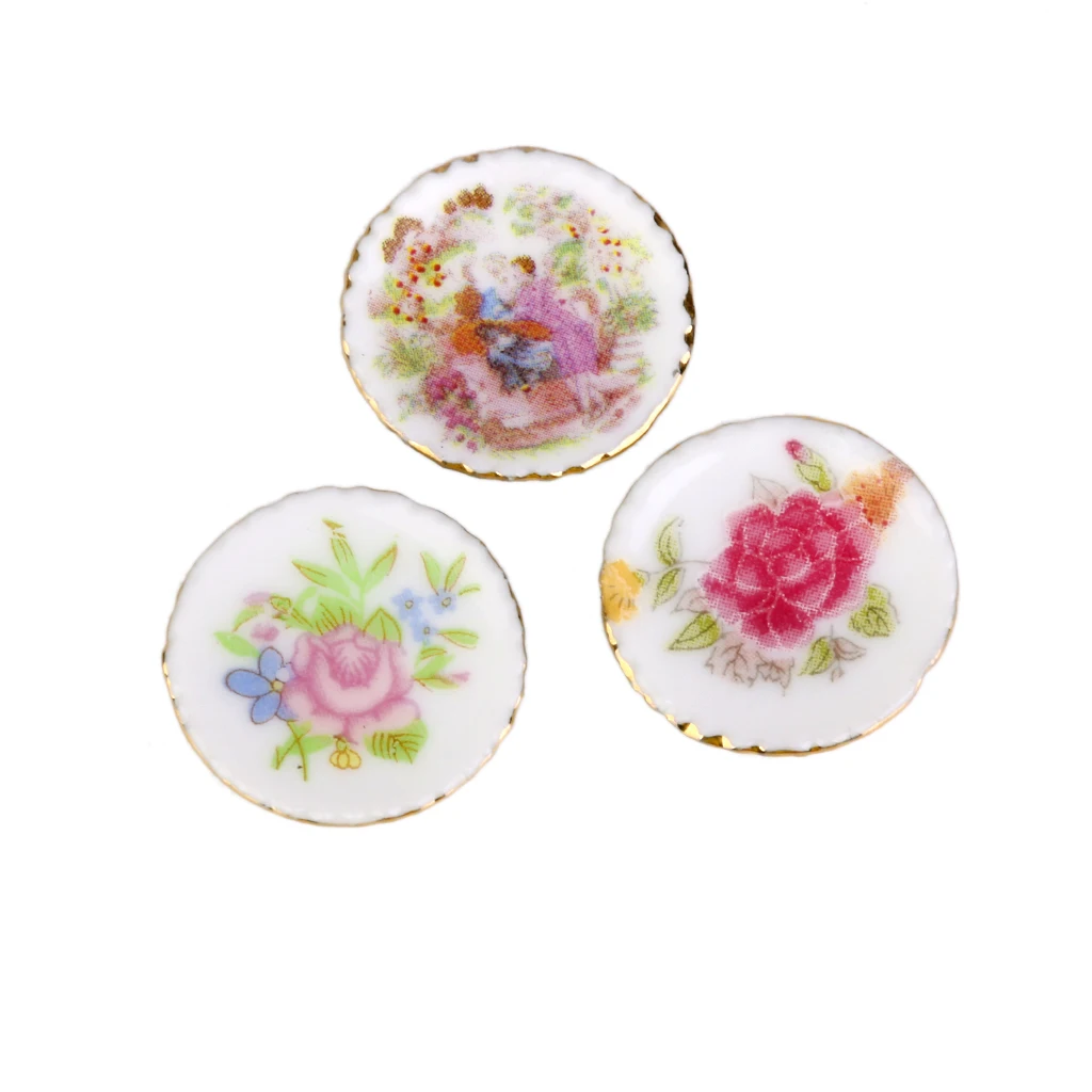

New 1/12 Dollhosue Miniature 3PCS Modern Ceramic China Porcelain Colorful Plates Doll House Kitchen Decor Dolls Access Kids Toy