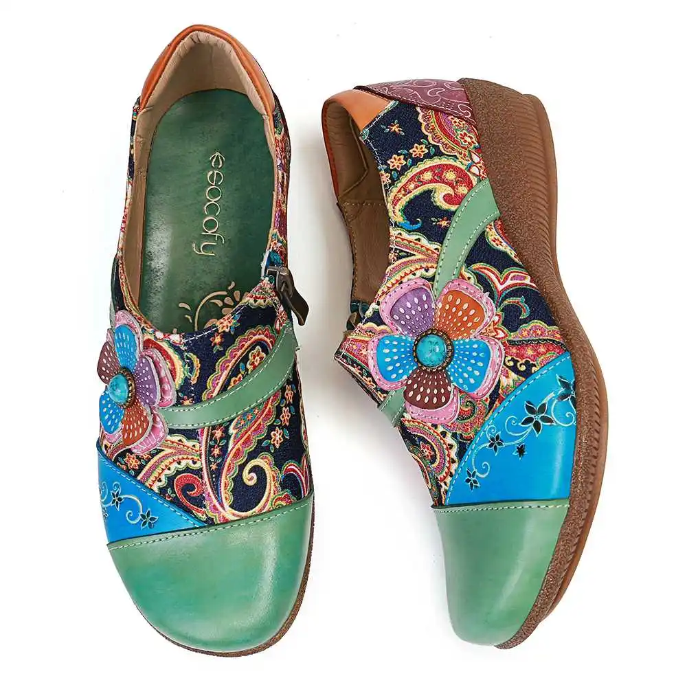 SOCOFY/складные туфли из натуральной кожи с цветочным узором; удобная женская обувь на плоской подошве на молнии; элегантная женская обувь;