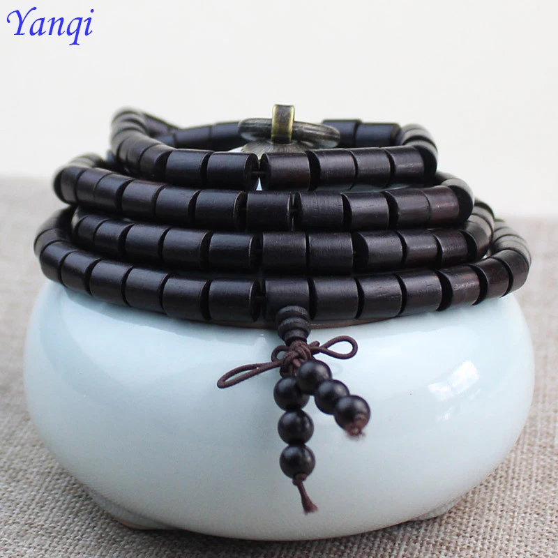 

Buddhist 108 Natural ebony Barrel Beaded Buddha Multilayer 6-8mm Stupa Black Charm Bracelets For Men Authentic Wood Bracelet