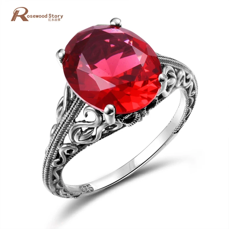 

New Ancient Roman Ring Love Frame Cushion Lab Ruby Stone Crystal Vintage Engagement Ring Pure 925 Sterling Silver Jewelry Women