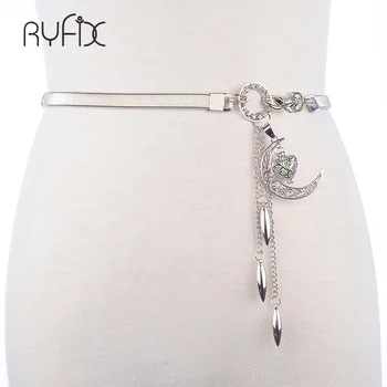 

New Arrival 2017 Golden Silver Crystal Metal Chain elastic Belt Ladies Waist Belt Long Dress Accessories Moon Pendant BL266