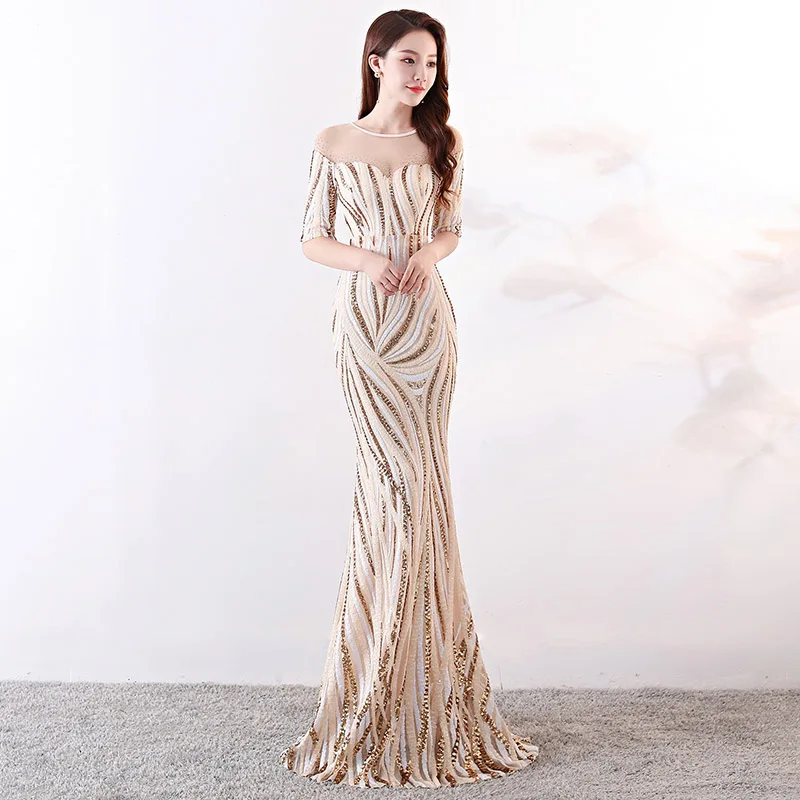 

Beige Striped Sequined Diamond Half Sleeve Long Formal Dress Sexy Nightclub Wear Elegant Cocktail Party Dresses For Women 2018