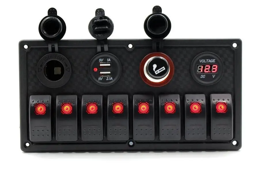 12V 24V 8 Gang Red LED Rocker Switch Panel Breaker Car Marine Boat