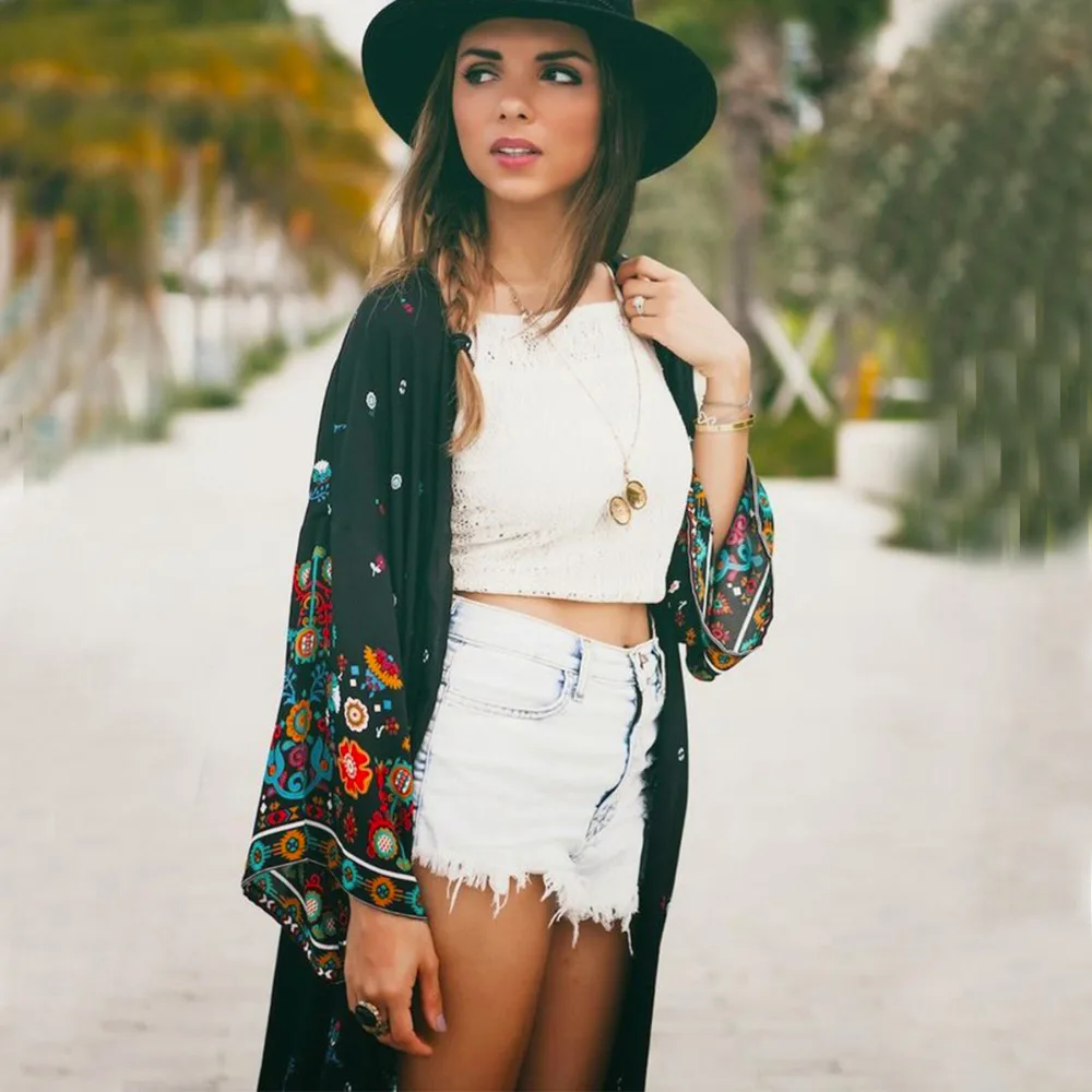 Women Summer Style Full Sleeve Floral Printed Long Kimono Cardigan Blusas Outerwear Casual Loose Sunscreen Blouse Shirt