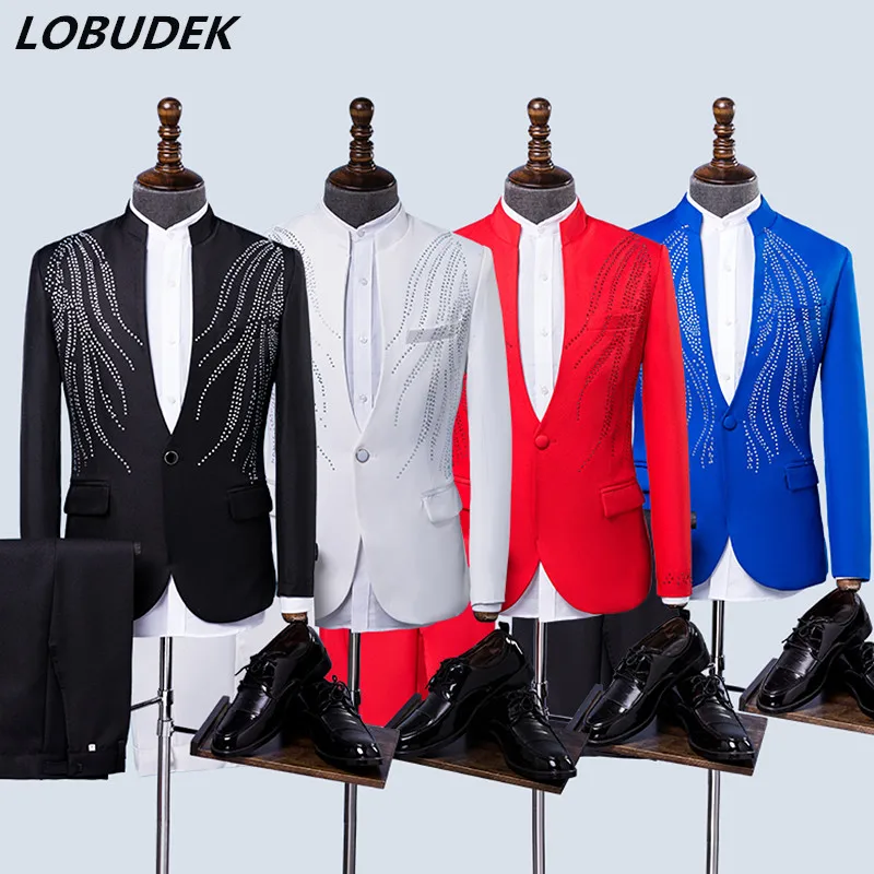 

Adult Male Choral Dress 4 Colors Rhinestones Men's Suits Crystals Blazers Jacket Magician Prom Host Wedding Chorus Stage Outfit