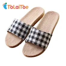 ToLaiToe 2017 New Linen Couples Home Floor Inside Anti-skid Slippers Silent Sweat Plaid Slippers Summer Women/Men Cool Sandals