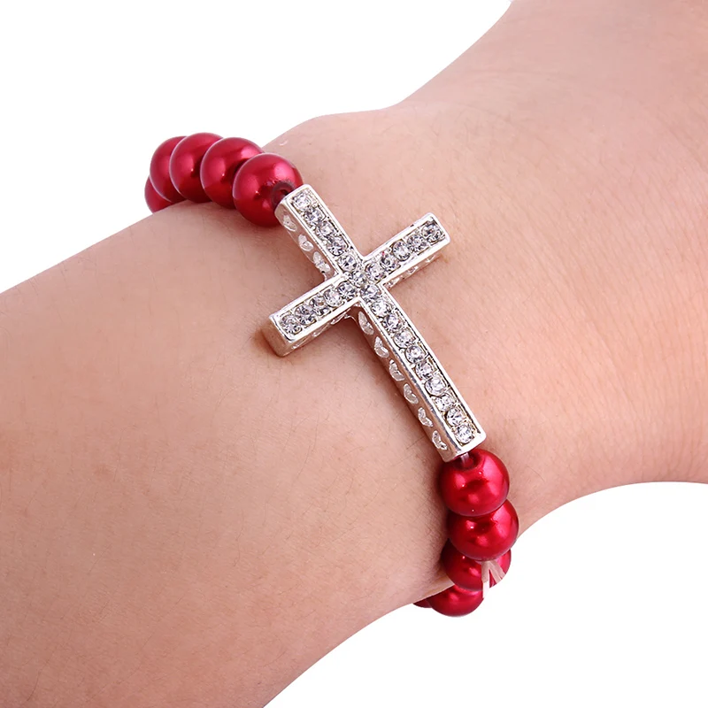 Мода женский Пластик жемчуг, горный хрусталь крест Талисманы браслет Бусины браслет в ювелирных браслет для Для женщин мода подарок друзьям