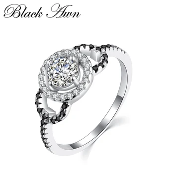 

[BLACK AWN] Fine Genuine 100% 925 Sterling Silver Jewelry Black&White Stone Wedding Rings for Women C287