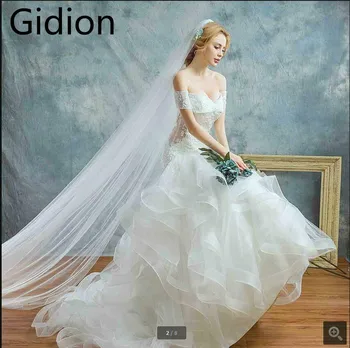 

Vestido De Novia mermaid lace appliques ruffled wedding dress crystals off the shoulder v neck illusion bride dress best selling