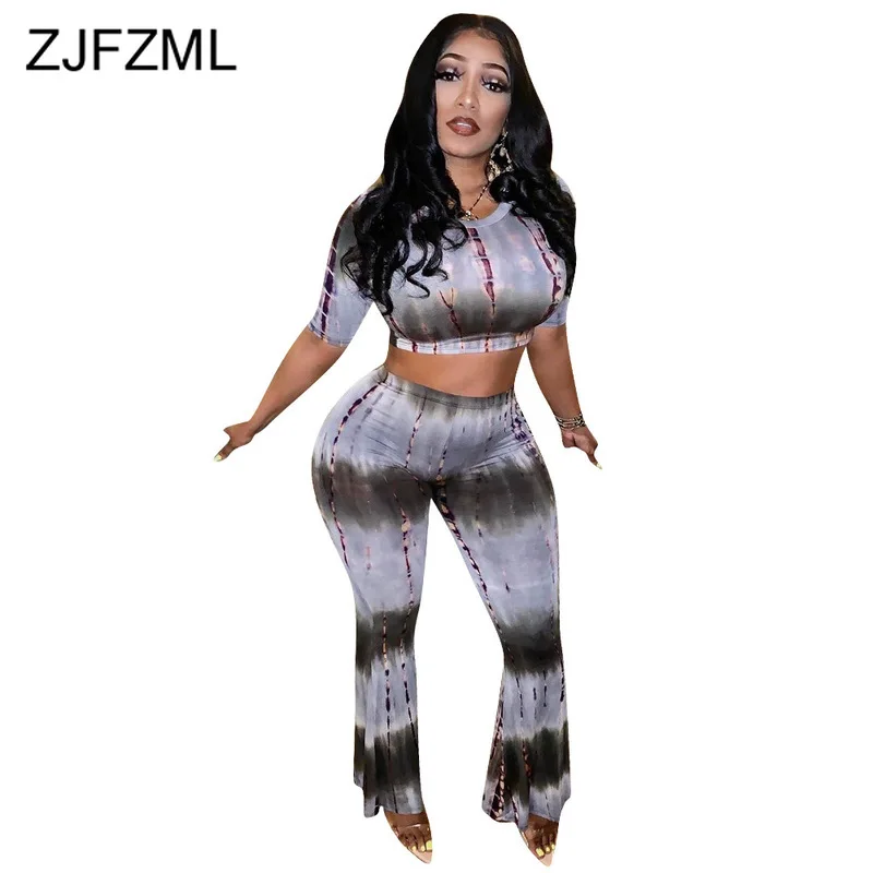 

Colorful Tie Dye Two Piece Tracksuit Women's Costumes O Neck Short Sleeve Crop Top And Bodycon Flare Pants 2 Piece Matching Set