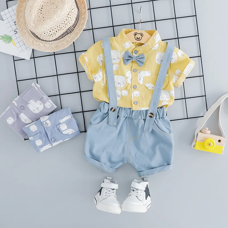 Летняя модная одежда для маленьких мальчиков футболка с рисунком медведя для малышей, шорты комбинезон комплект из 2 предметов, детская одежда, детские спортивные костюмы - Цвет: LXbeidai Yellow
