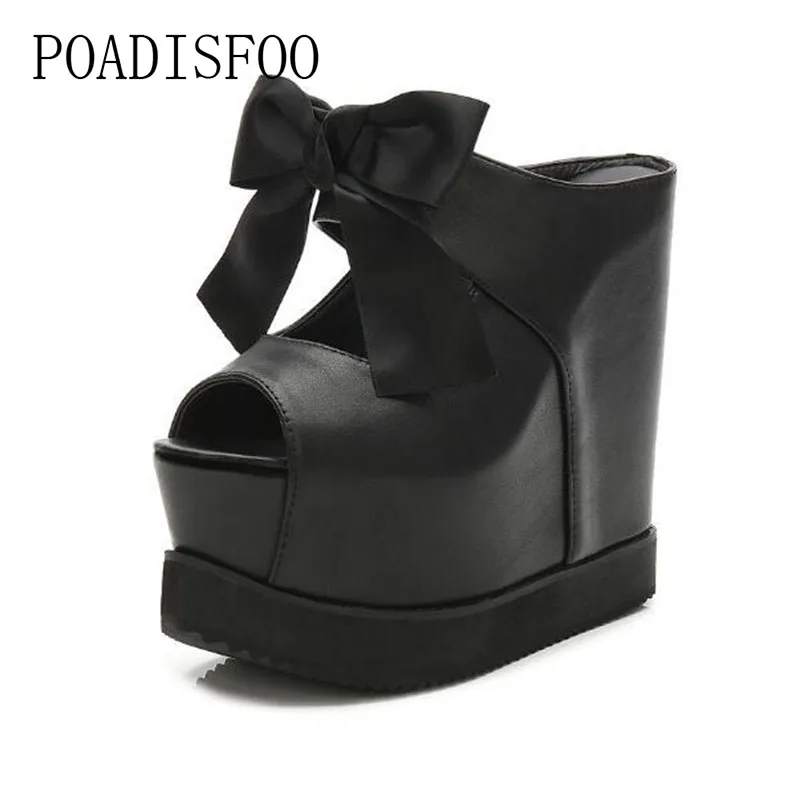 

LTARTA Fish Toe Super High Heels 14cm Wedge Pumps boots Cow Leather Bow Sexy Sandals For Women Black white ZYW-652-31
