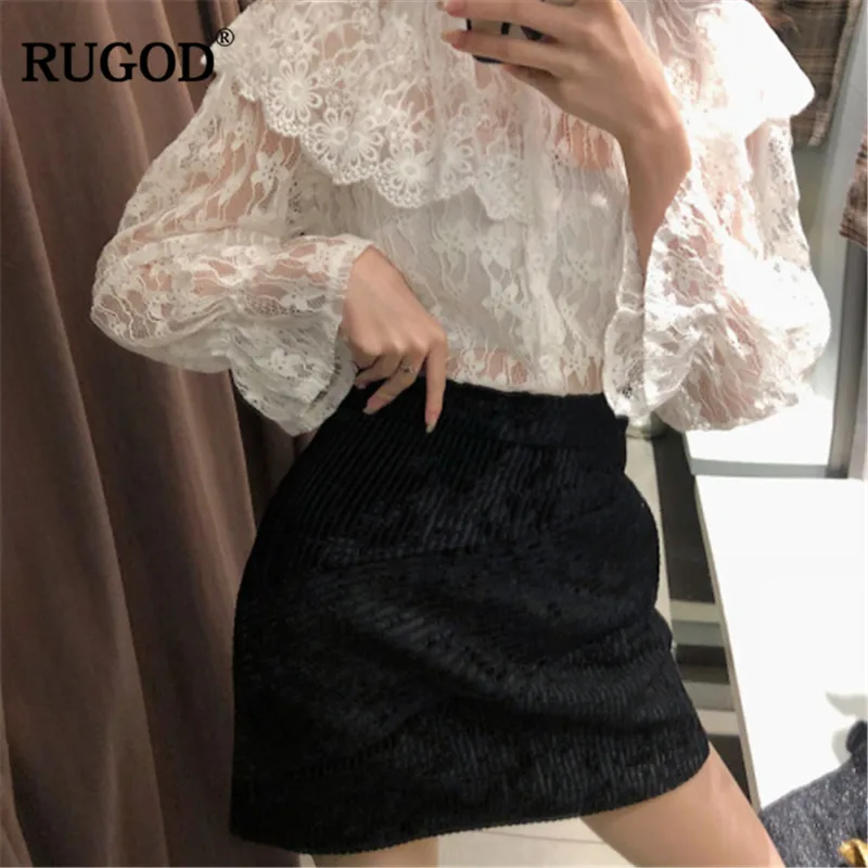 

RUGOD Elegant sexy lace hollow out Perspective women shirt Ruffles Flare sleeve office lady white blouse and tops blusas mujer