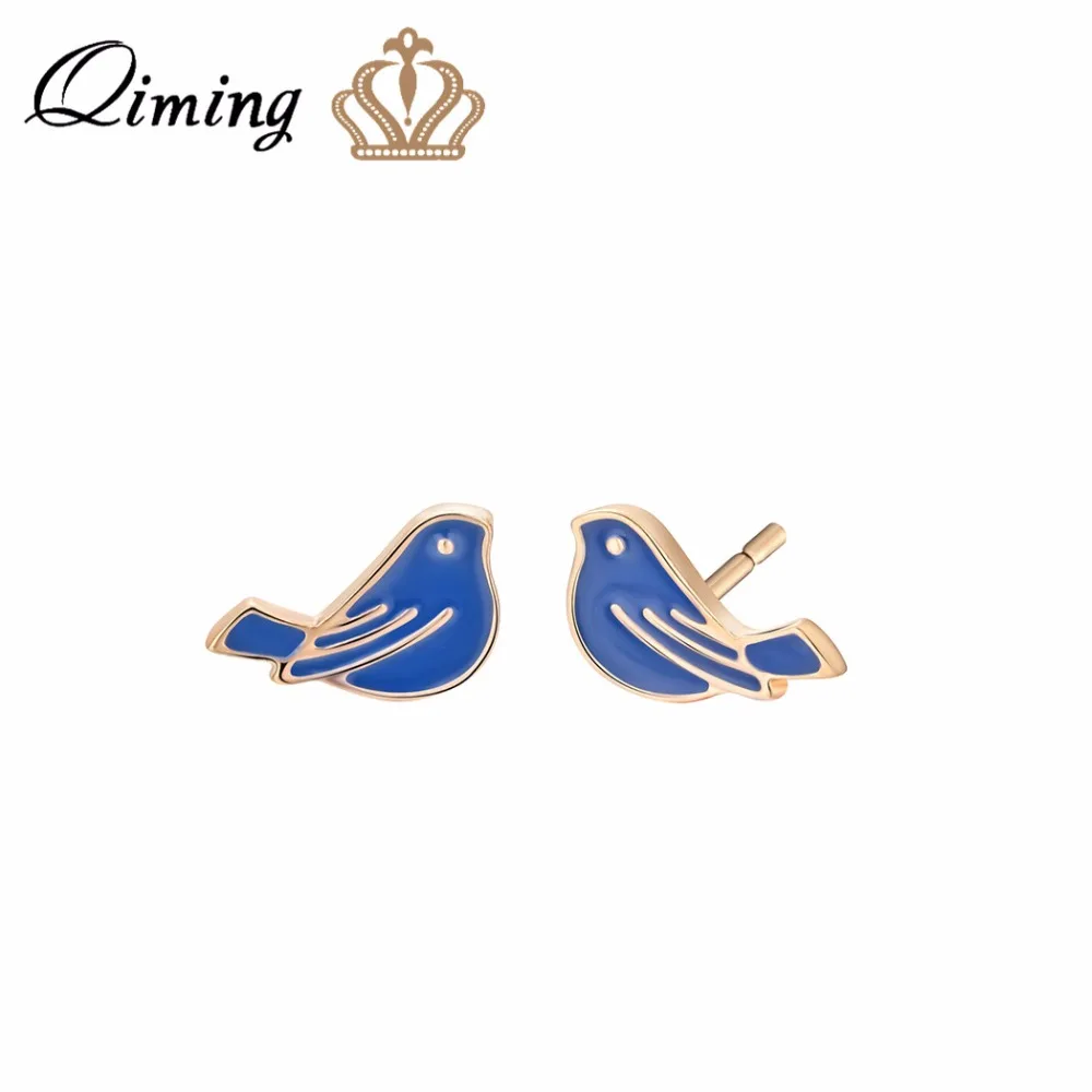 

QIMING Blue Bird Stud Earrings For Women Peace Love Animal Fashion Design Girls Baby Children Jewelry Birthday Gift Earring