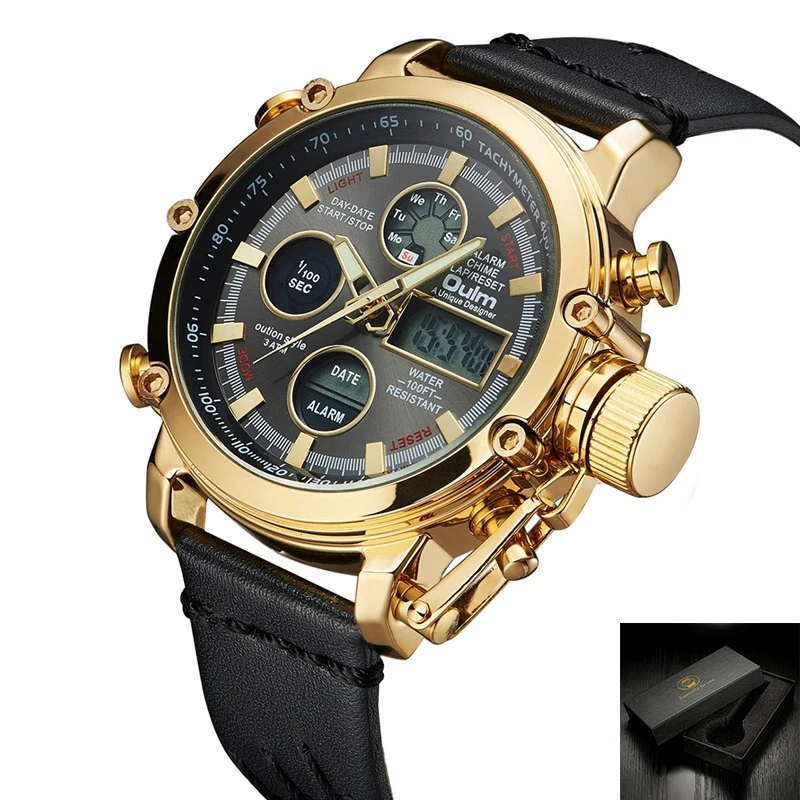 Prix Oulm Quartz Sport Montres Hommes Luxe Analogique Numérique Double Affichage Montre Mâle Horloge LED En Cuir Véritable Étanche Montre Bracelet Homme