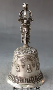 

7" Tibet Buddhism Religion Silver Carving Mahakala Buddha Head Statue BiXie Bell Sculpture Medicine copper Decoration real Brass