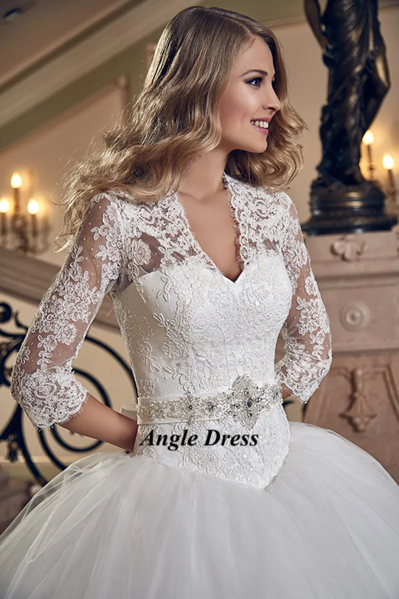Lace Wedding Dress 3 4 Sleeve Ball Gown Bridal Dresses Corset Back Lace Wedding Dress 3 4 Sleeve Ball Gown Bridal Dresses Corset Back Gowns Crystal Belt Robe De Mariee 2016 Abiti Da Sposa In From