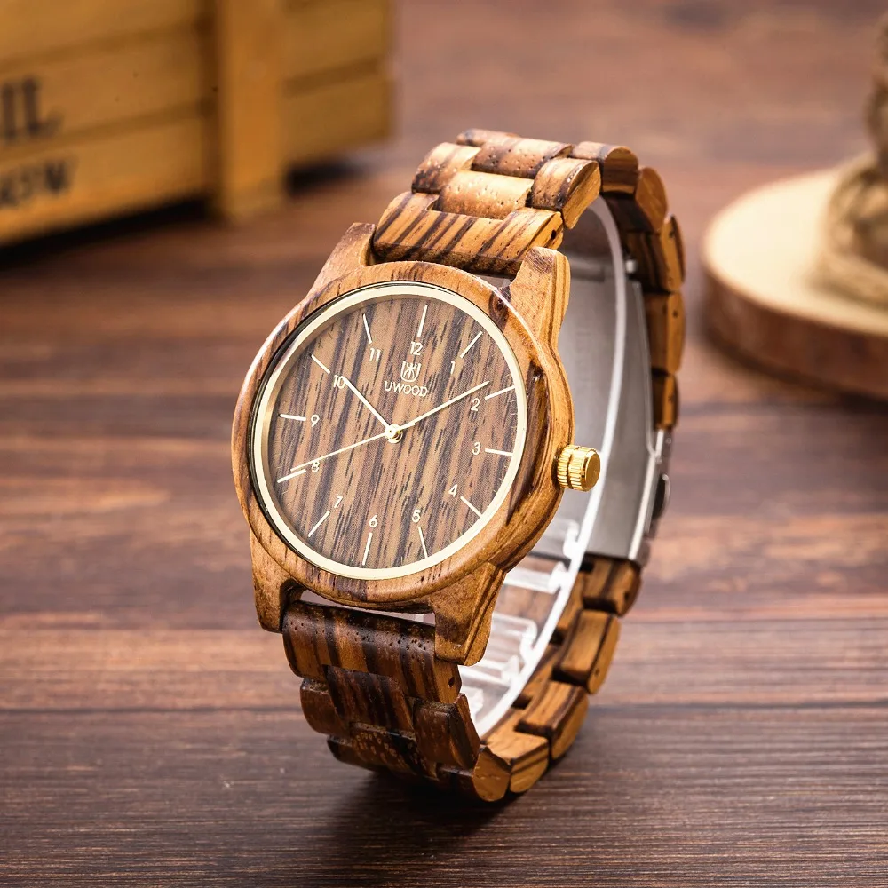 UWOOD Unique Wood Watch Natural Wood Clock Quartz Watch Wood Strap Mens Watches Top Brand Luxury 