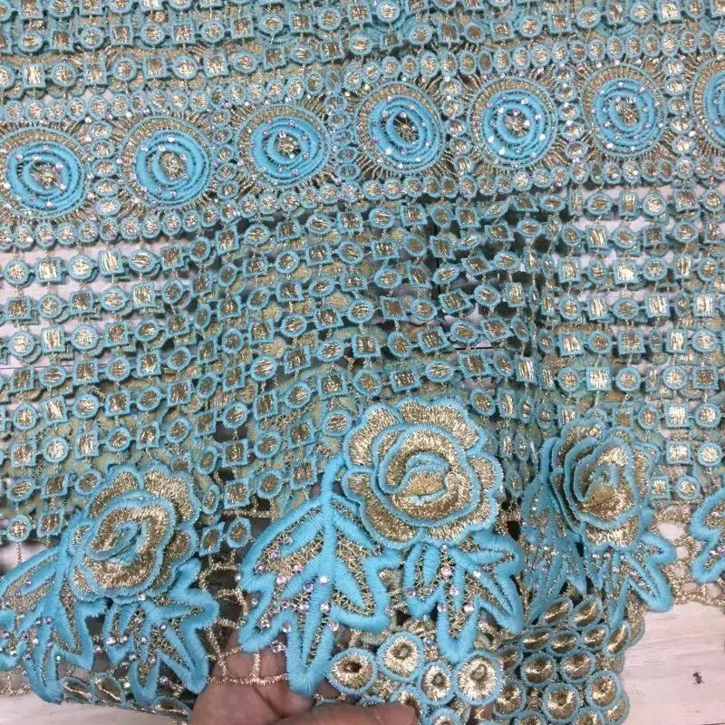 

Fashionable gold thread nigeria lace cord lace fabric embroidered african guipure lace fabric with stone for wedding dress QA281
