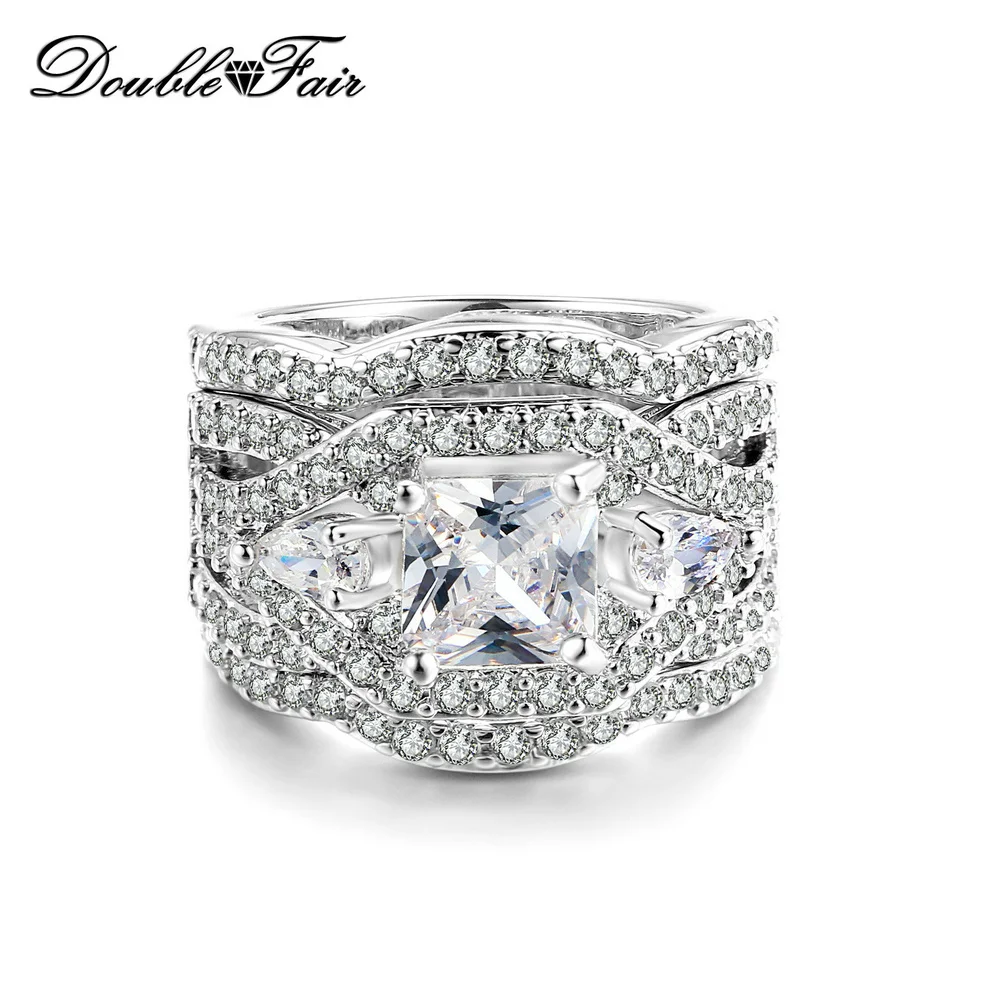 

Double Fair Brand Cubic Zirconia Three Rounds Rings Sets Engagement CZ Stone Ring Set Fashion Jewelry For Women Wholesale DFR643