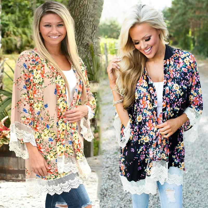 Charmed Chiffon Printing Cardigan Sunscreen Beach Kimono Summer Boho Women Floral Loose Shawl Long Sleeve Lace Blouse wz*
