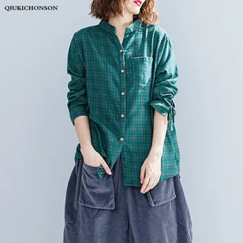 

Qiukichonson Spring Autumn Casual Loose Plus Size Tops Ladies Long Cotton Linen Shirts Lace-up Long Sleeve Plaid Shirt Women