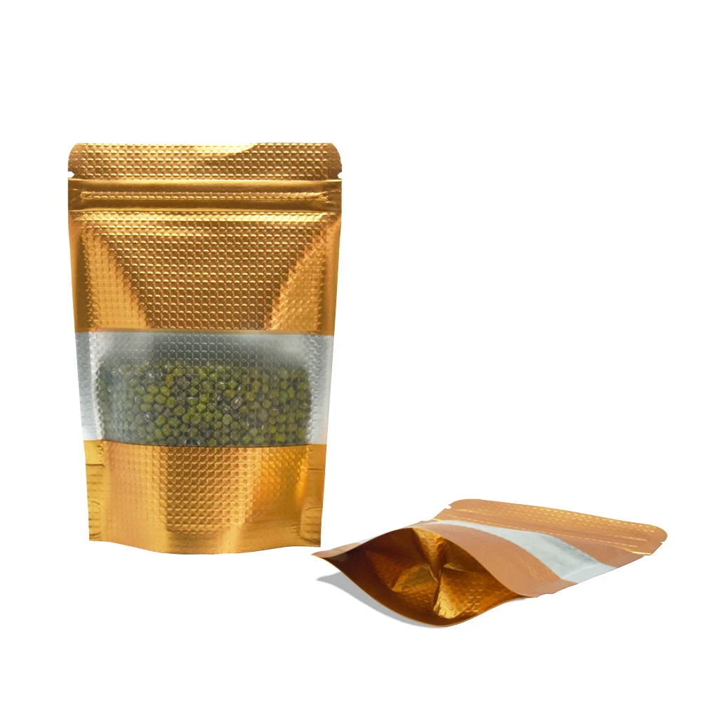 

Gold Stand Up Zip Lock Package Bags Doypack Reclosable Dried Food Storage Aluminum Foil Bag with Window Plastic Packing Bags