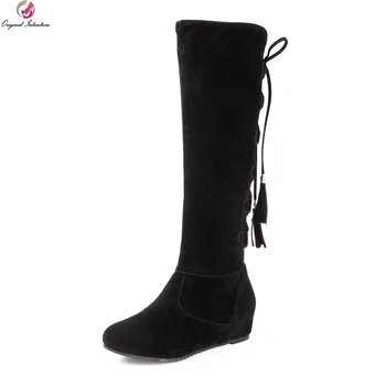 

Original Intention Fashion Women Knee High Boots Round Toe Height Increasing Boots Brown Blue Pink Yellow Shoes Woman Big Size