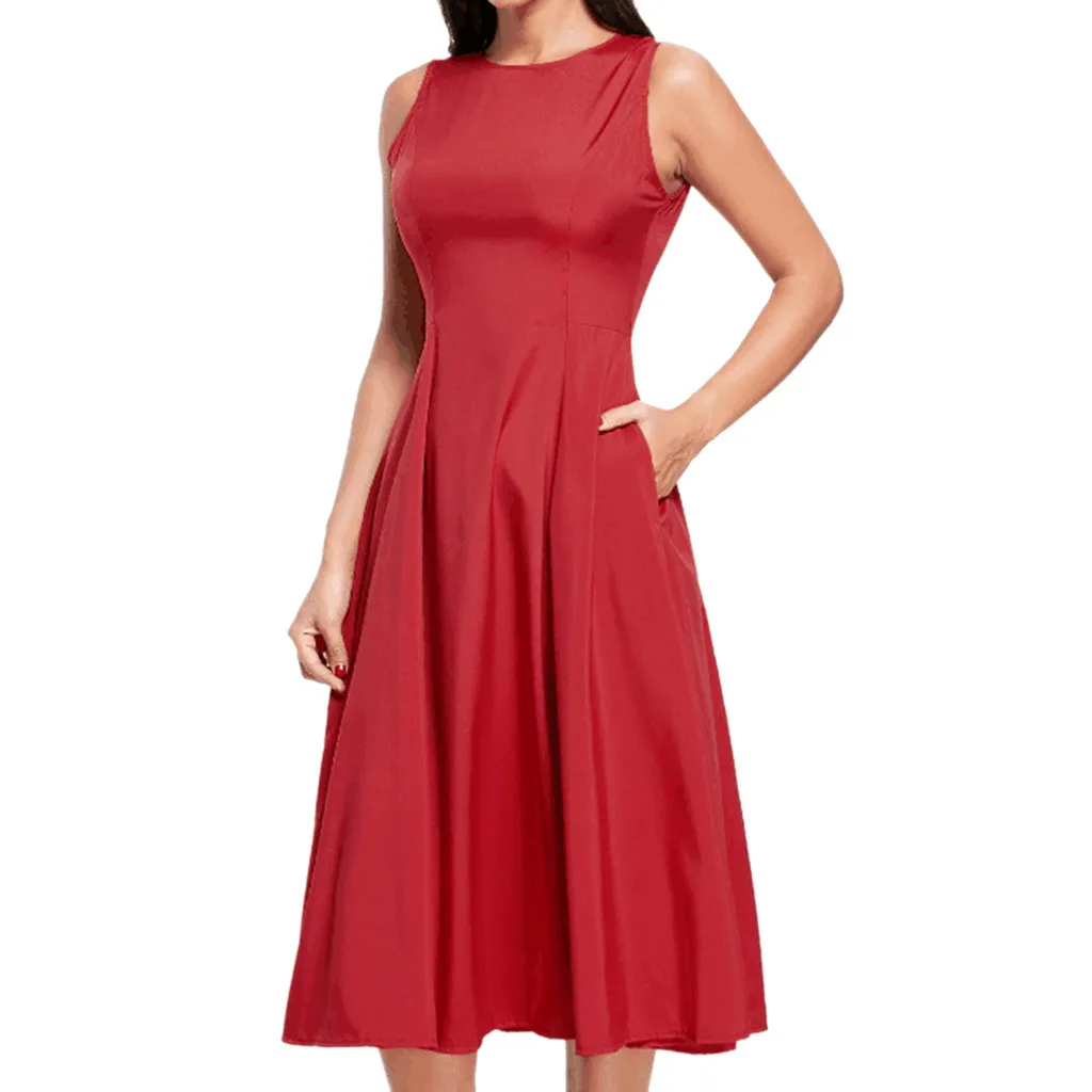 

Summer Dress 2019 Streetwear Casual O Neck With Pocket A-line Dress Elegant Red Office Midi Dress Dames Jurken