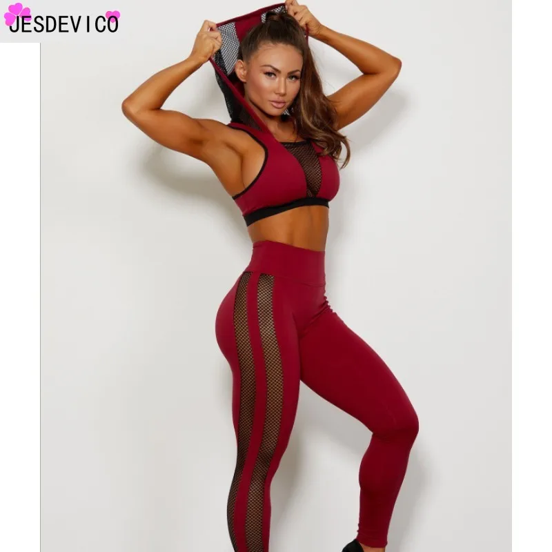 

New Casual Women Sets Hooded Printing Stitching Mesh High Waist Slim Fit Big Size Sexy Leaf Printing Gym Two-piece Girl Sets
