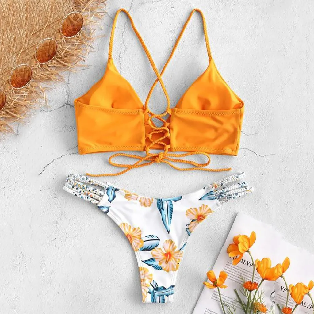 Женский сексуальный купальник бикини с цветочным рисунком, купальник из двух частей, купальный костюм, одежда для пляжа, оранжевая бандажная одежда с перекрещивающимися ремешками, stroje k pielowe damskie