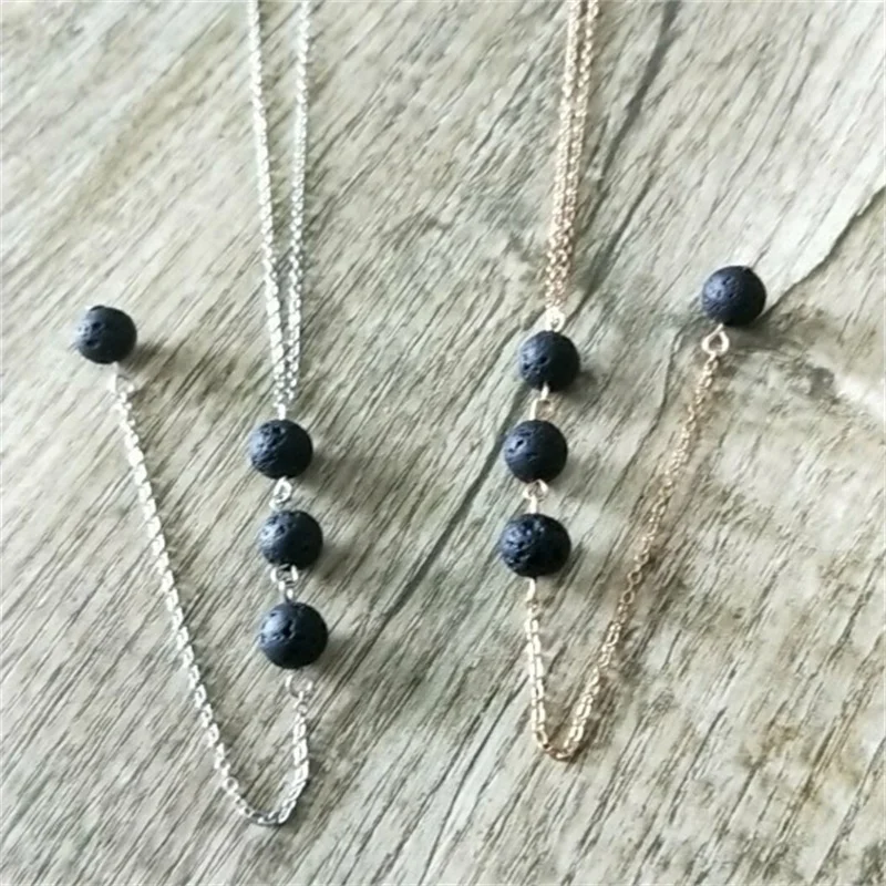 

Silver Gold Chain Tassel Black Lava Stone Bead Aromatherapy Essential Oil Perfume Diffuser Necklace Jewelry Women Gift