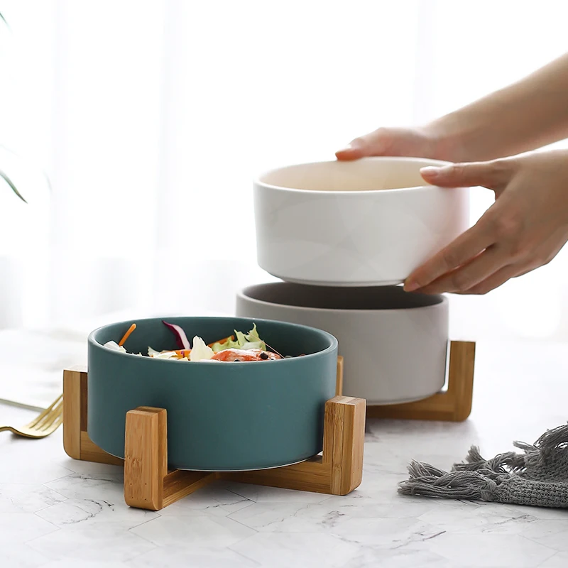 

Ceramic Salad Bowl with Bamboo Rack for Fruit/Dessert Nordic Simple Macaron Color Creative Household Fruit Bowl Dessert Bowl